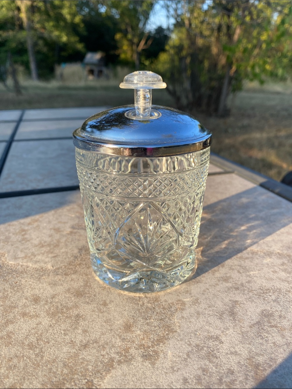 Vintage Pressed Glass Jam Jar with Chrome Lid MCM